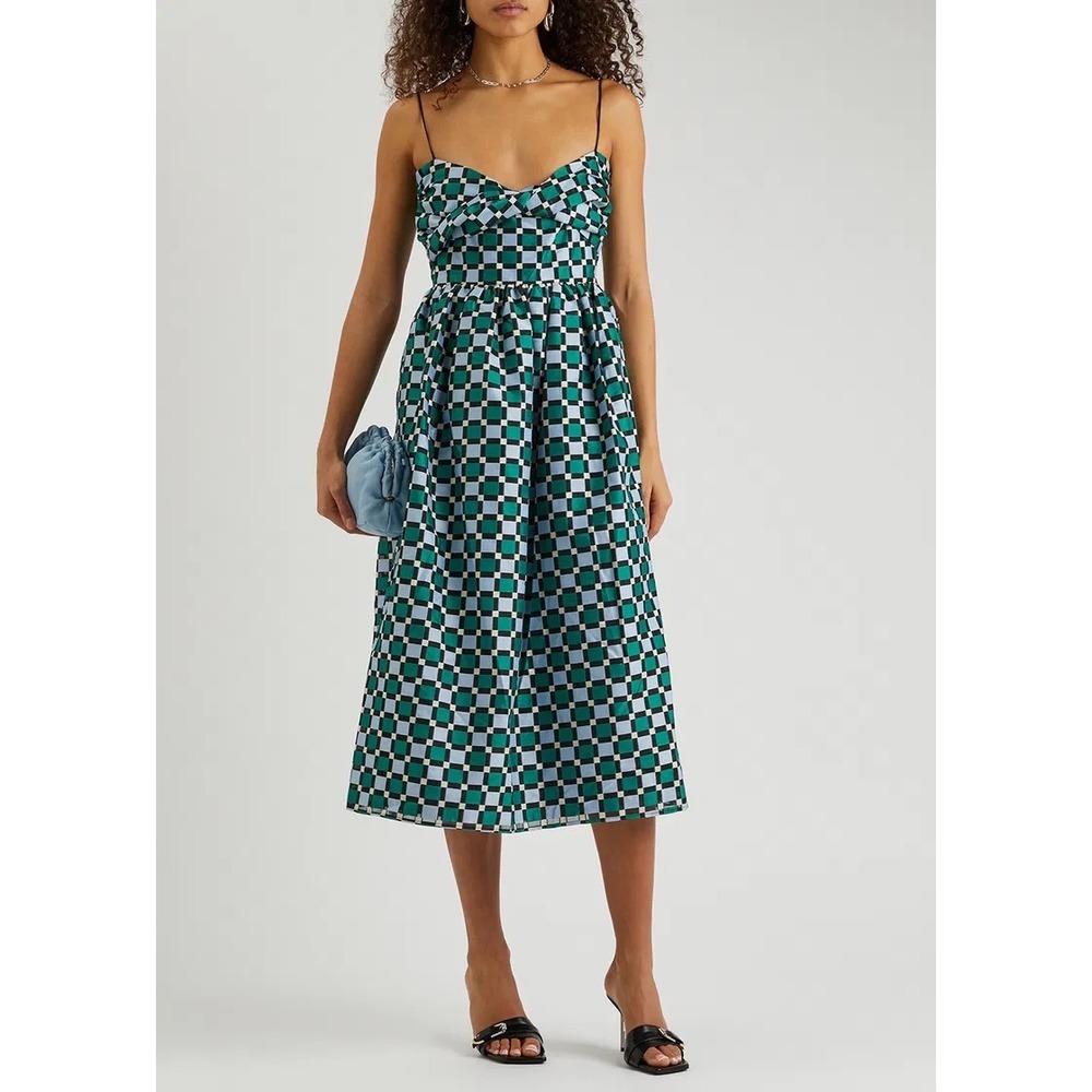 Stine Goya Arya Dress Size XS Green Blue Checkered Organza Jacquard Midi Chic